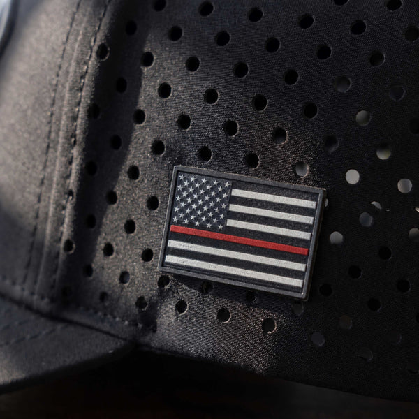 Raised On It | America 250 | Blackout Performance Hat — Thin Red Line
