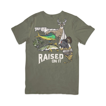Florida Sportsman Tee in olive, full back print: buck, turkey, hog, bass, snook and mahi in the Florida state outline