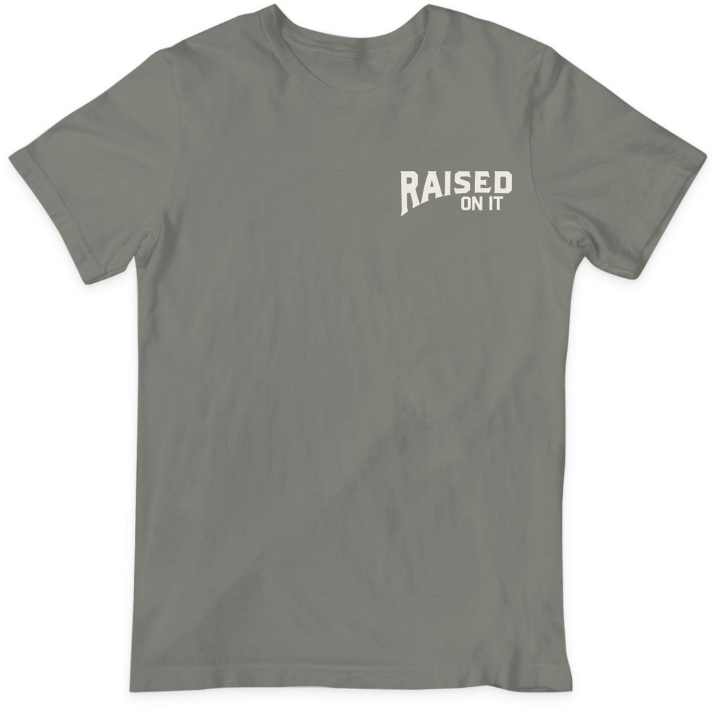 Florida Sportsman Tee in olive — front view with small Raised On It left-chest logo