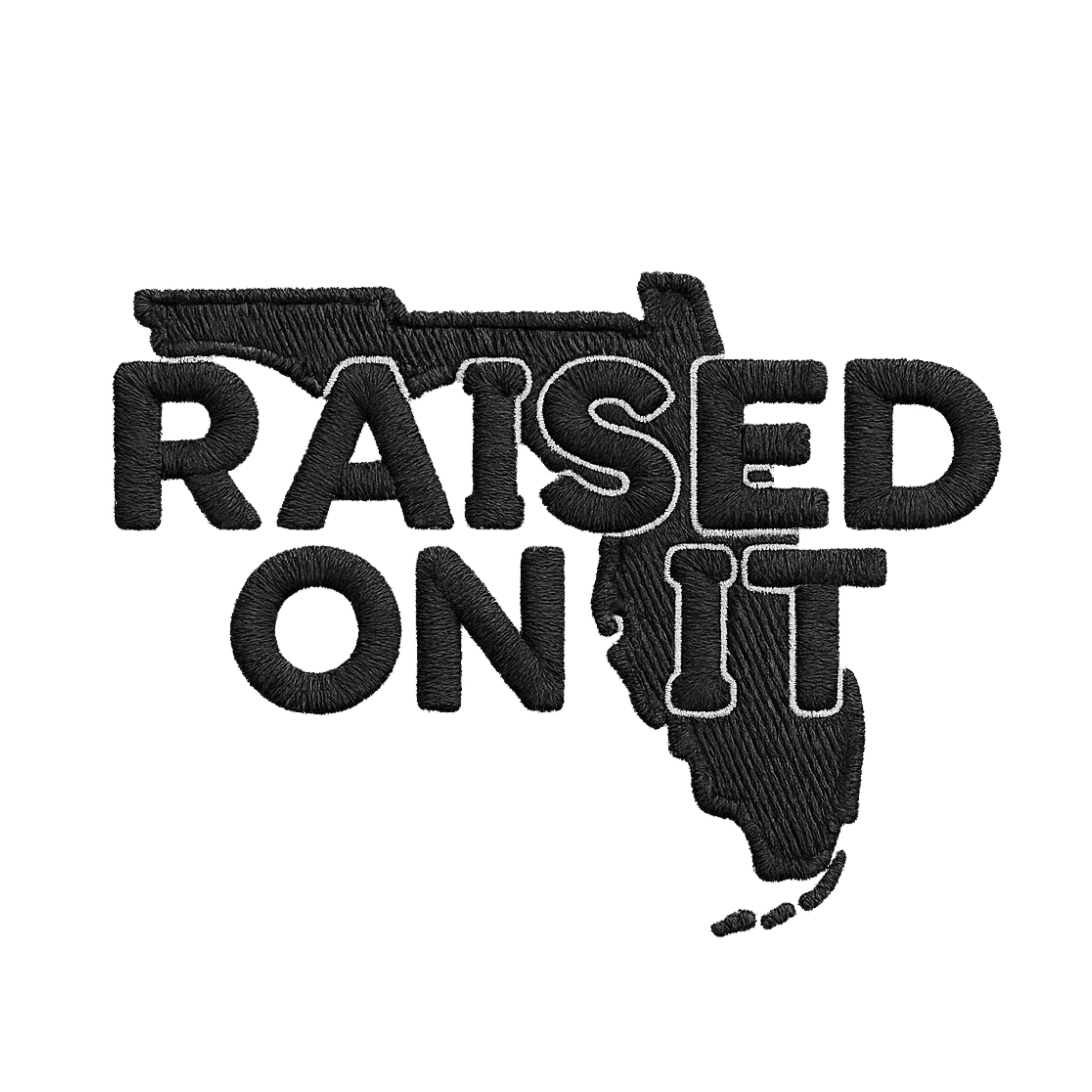 Embroidered Raised On It Florida logo artwork detail in black stitch
