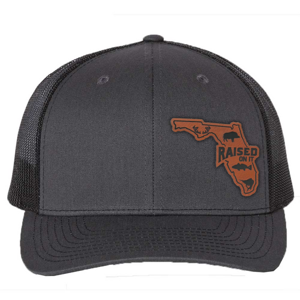 Florida Sportsmen | Engraved Leather Patch Hat | — Charcoal - Brown Patch (6-Panel)