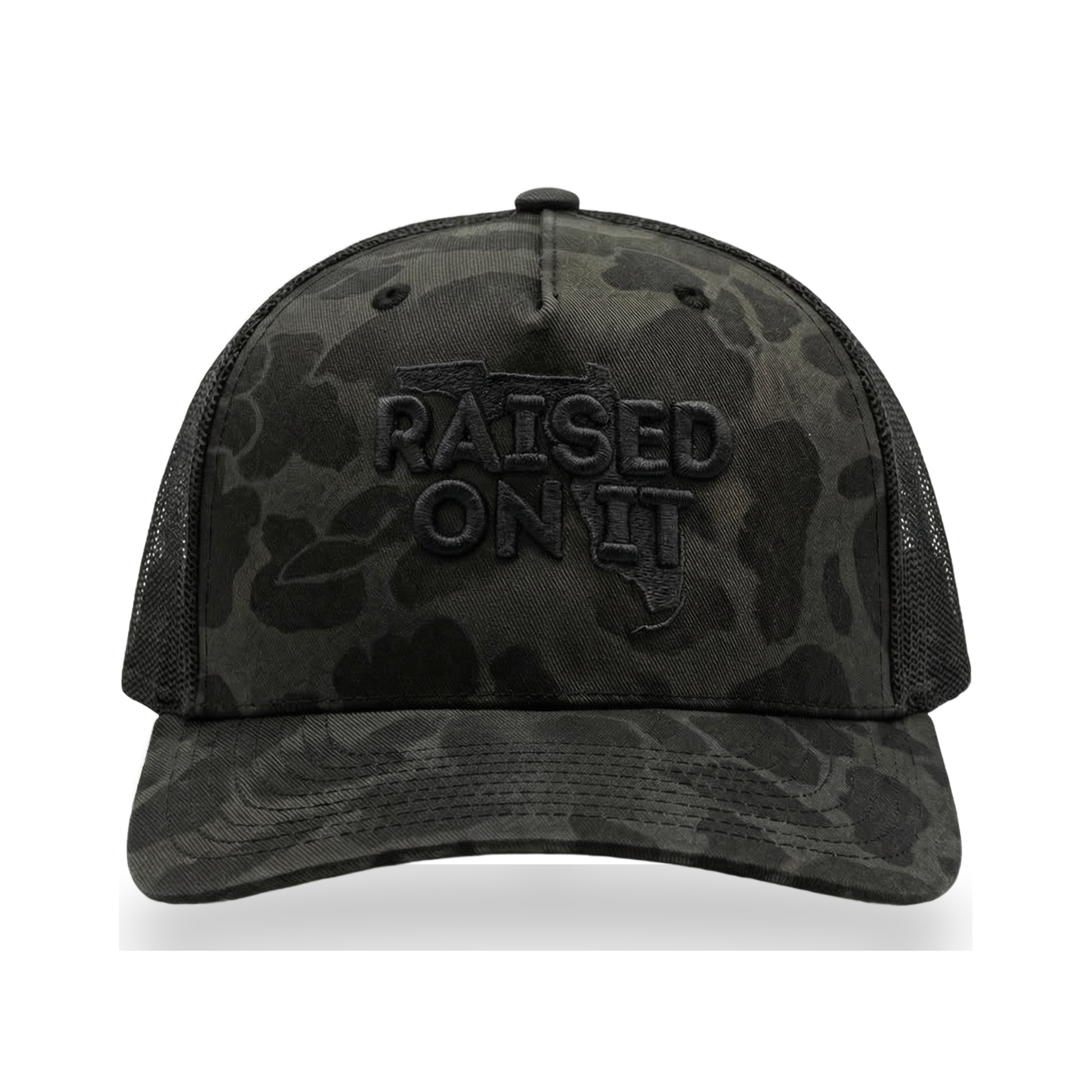 Raised On It Florida Logo embroidered trucker hat in Subdued Camo (black duck camo, black tonal stitch)