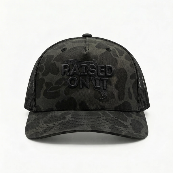 Raised On It | Florida Logo | Embroidered Trucker Hat — Subdued Camo