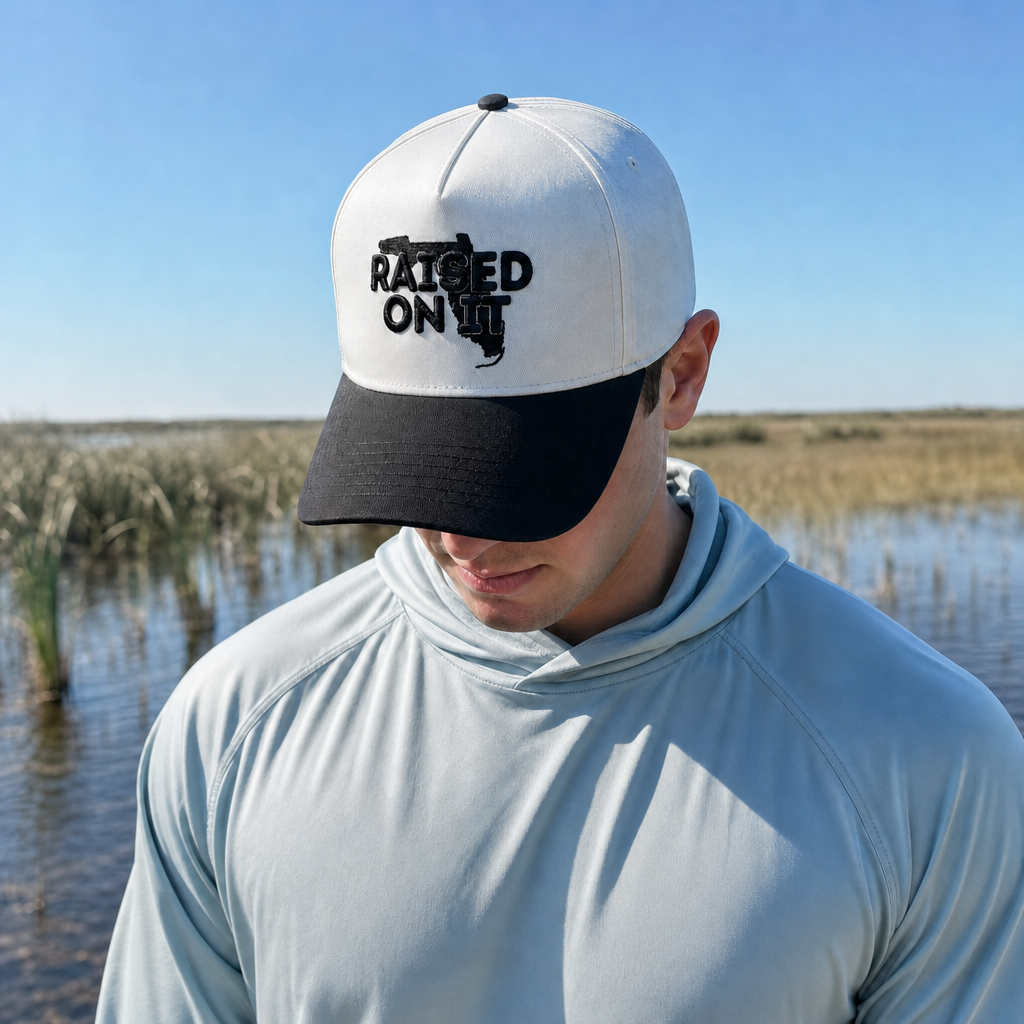 Raised On It | Florida Logo Embroidered Trucker — White/Black