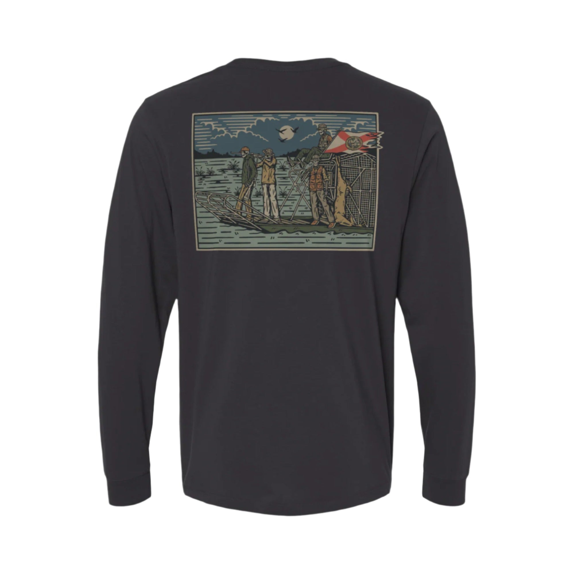 Black long-sleeve shirt with a graphic of on an airboat, three Florida hunters, and Florida flag flying on the back.