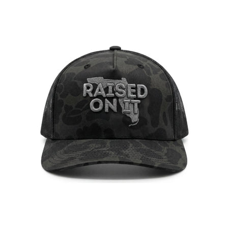Raised On It Florida Logo embroidered trucker hat in Silver Camo (black duck camo, grey stitch)