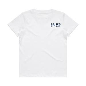 Youth Florida Cowboy Tee in white, front view with small Raised On It chest logo